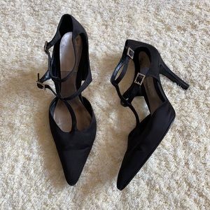 Black Satin Shoes with Rhinestone Buckles
